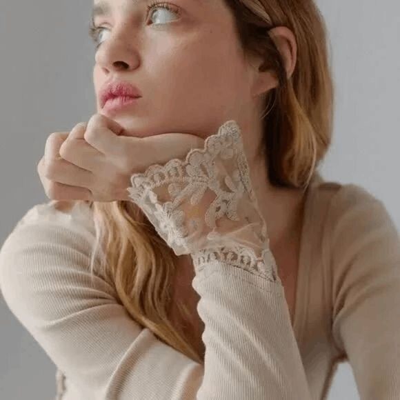 Urban Outfitters Leona Lace Tan Brown Hook Eye Boho Long Sleeve Cropped Medium - Picture 9 of 10